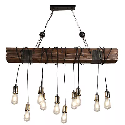 39'' Vintage Wood Pendant Light Linear Hanging LED Chandelier For Farmhouse Lamp • $106.80