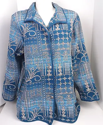 Vintage Blair Womens Jacket Tapestry Button Down Coat 2XL Blue White • $25