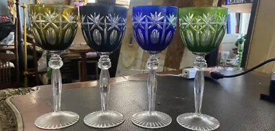 Vintage Bohemian Crystal Wine Glass Goblet Set Of 4 Yellow Black Green Blue • $100