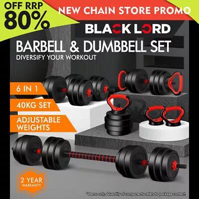 BLACK LORD 20kg 40kg Dumbbell Set Adjustable Barbell Kettlebell Home Gym Fitness • $72.79