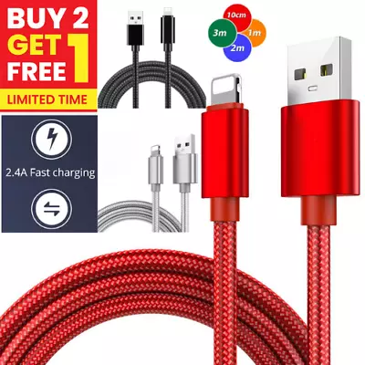 For IPhone Charger Cable Heavy Duty Braided USB Charging Lead Data Sync 1M 2M 3M • £2.89