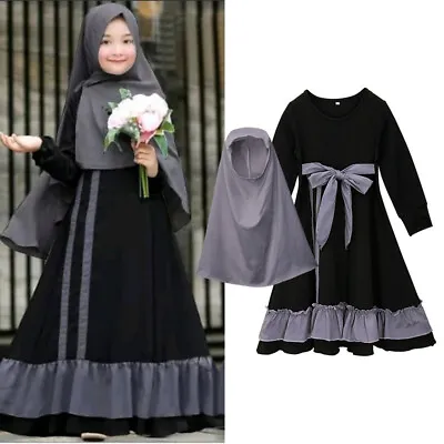 Kids Girls Hijab Abaya Muslim Prayer Dress Khimar Caftan Islamic Kaftan Robe Set • $25.41