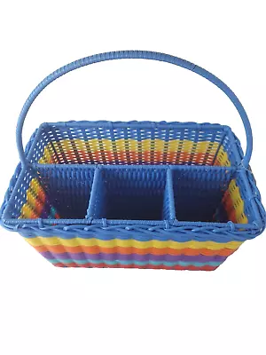 Vintage Woven Wicker And Metal Wire Picnic Caddy Organizer W/ Handle 12in Width  • $43.95