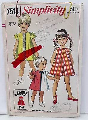 $4.50 • Buy Cut Vintage Simplicity Sewing Pattern 7514 Girls Toddler Dress Size 2 Year: 1967
