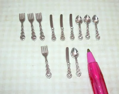 Miniature 12-Piece Set FANCY Metal SILVER Flatware Silverware: DOLLHOUSE 1:12 • $6.98