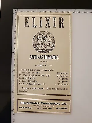 Antique Medicine Bottle Label ELIXIRANTI-ASTHMATIC PHYSICIANS PHARMACAL Co. • $16