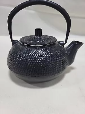 Vintage Black Cast Iron Teapot With Strainer. Cool Patern. Maybe 2 Cups! • $25