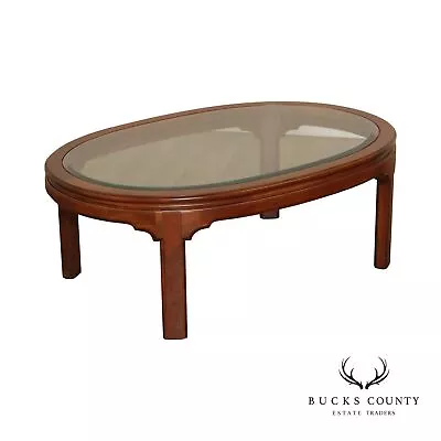 Ethan Allen Oval Cherry Glass Top Coffee Table • $595