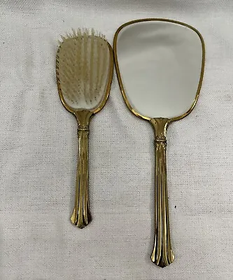 Antique Vintage Metal Floral Design Gold Vanity Mirror And Hair Brush Set Hand • $18