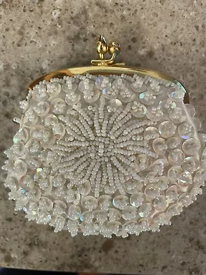 Vintage White Ivory Beaded Sequin Gold Kiss Lock Coin Purse Hong Kong Unused • $20