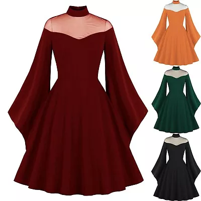 Women's Mesh Bell Sleeves Halloween Gothic Vintage Dress Long Sleeve Swing Dress • $39.97