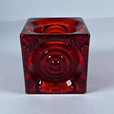 AMBERINA GLOWS Vintage VIKING GLASS Red BULLSEYE MCM Cube CANDLE HOLDER Votive • $52