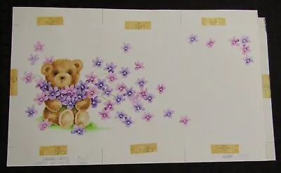 HAPPY BIRTHDAY Cute Teddy Bear W/ Purple Flowers 14x9  Greeting Card Art #4757 • $51.53