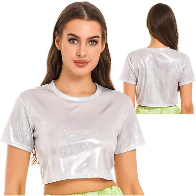 £12.34 • Buy Women Shiny Metallic Short Sleeve Crop Top Solid Color Round Neck T-shirt Tops