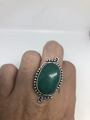Vintage Silver Emerald Green Genuine Chrysoprase Size 7.25 Ring • $48