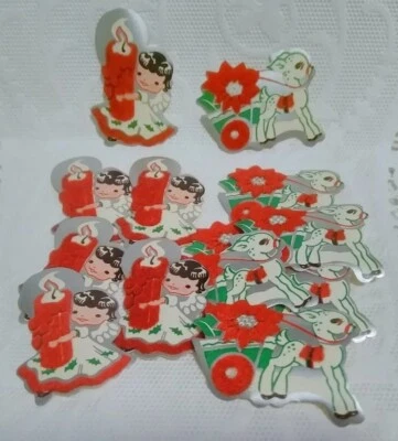 $12.95 • Buy 13 Vintage Christmas Seals Flocked Deer Cart Angel Candle