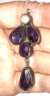 Vintage Early Mexican Taxco ? Amethyst Large Pendant Sterling Silver Necklace • $85