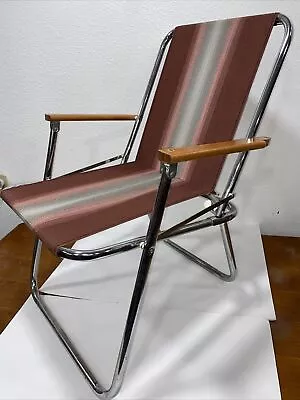 Vintage Canvas Folding Lawn Chair With Metal Frame And Wood Arm Rest • $70