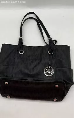 Michael Kors Womens Black Signature Print Leather Inner Pockets Tote Handbag • $25.99