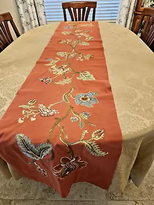 POTTERY BARN Embroidered Table Runner 18 X 90 Crewel Flowers Leaves Lined Cotton • $42.99