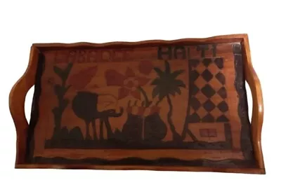 FOLK ART Haitian Hand Carved & Painted Wooden Serving Tray Double Handle Brown • $11