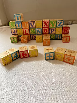 Vintage Wooden Wood Blocks Alphabet Numbers Math Signs Animals Set Of 40 • $17.99