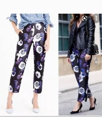 J Crew Pants Women 8 Black Floral Cropped Ankle Mid Rise Spring Satin Flower • $28.88