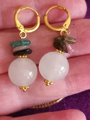 Jade. White Jade And Multi Coloured Brazilian Tourmaline Gemstone  Earrings • $14.74
