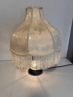 Vintage Victorian Ivory Floral Damask Brocade Lamp Shade W/Fringe 16” Wide-READ! • $19.99