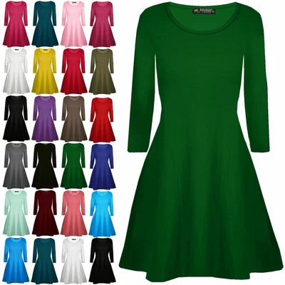 £4.49 • Buy Womens Ladies Plain Jersey Flared Long Sleeve Party Mini Swing Skater Dress 8-24