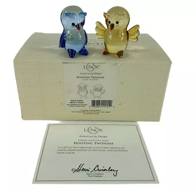 $32.74 • Buy Lenox Hooting Twosome Owl Pair Figurines Blue Amber Glass In Box