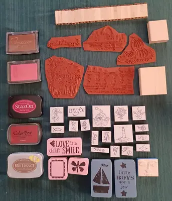 Vintage Mix Rubber Mounted Stamps ~ Unmounted ~ Foam ~ Ink Pads ~ 63 Piece Set • $15.99