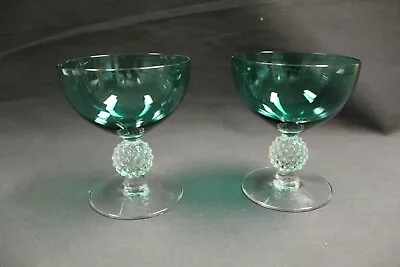 SET OF TWO Morgantown Crystal GOLF BALL GREEN (emerald) Low Stem Sherbet Glasses • $44