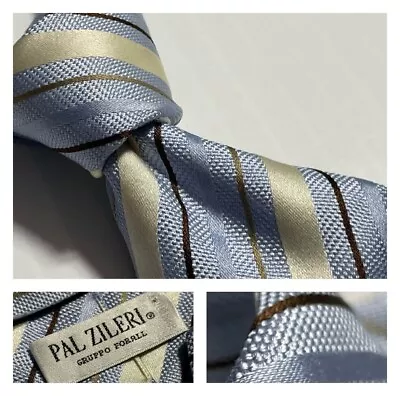 PAL ZILERI Distinguished Light Blue Silver Taupe Multi Stripe Silk Tie Italy • $39.95