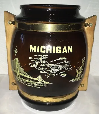 Large  8” Tall Siesta Ware Michigan Mackinac Bridge Brown Glass Wooden Handles • $27.98