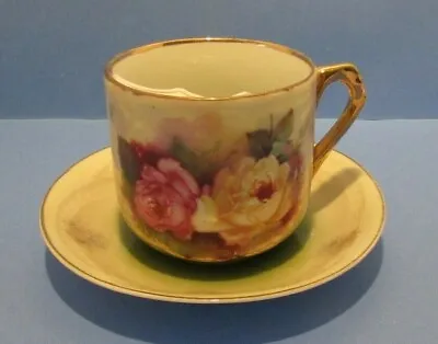 Antique Hand-painted In Germany Porcelain MUSTACHE Teacup & Saucer ROSES Gold • $25
