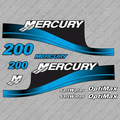 Mercury 200hp Optimax SaltWater Outboard Engine Decals BLUE Sticker Set • $51.29