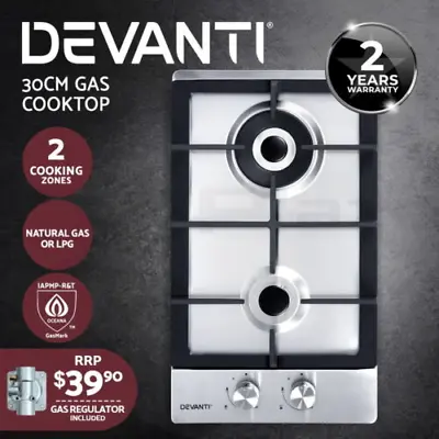 Devanti Gas Cooktop 30cm Gas Stove Cooker 2 Burner Cook Top Konbs NG LPG Steel • $133.95