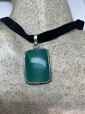 Vintage Genuine Green Chrysoprase Silver Necklace Pendant Choker • $52
