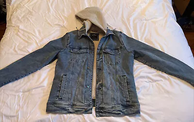 Hollister Denim Jacket Adult LARGE Blue Denim Button Sherpa Lined Hoodie • $49.99