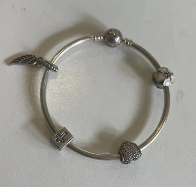 $74.95 • Buy PANDORA Silver Bracelet With 4 Charms - Pink Flower, Heart, Cross & Wings