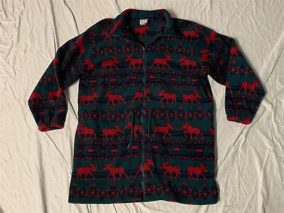 Vintage Cityscape Red/Green MOOSE/AZTEC All-Over-Print Long Zip Fleece Jacket XL • $11.99