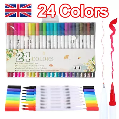£5.99 • Buy UK 24 Colour Watercolour Brush Pens Set Dual Tips Soft Fine Art Markers Drawing