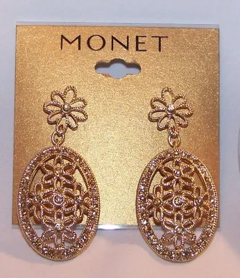 Monet GOLD RHINESTONE EARRINGS-FLOWER DESIGN PIERCED-New Old Stock-SIGNED • $9.55