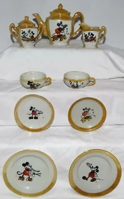 DISNEY 1930's 11 PIECE  MICKEY MOUSE CHINA TEA SET -BEIGE LUSTERWARE-HIGH GRADE! • $99.99