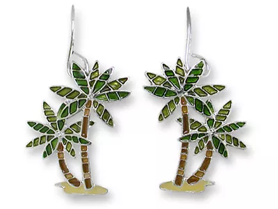 Zarah Palm Island Palm Tree Pierced Earrings Enamel Sterling Silver Plate W/Box • $25.99