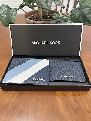 MICHAEL KORS MENS GIFTING Blue Chambray MK Wallet BILLFOLD 3 IN 1 BOX SET • $49