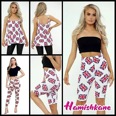 Womens Union Jack UK Flag Printed Cami Vest Shorts UK Flag Print Leggings Top • £9.38