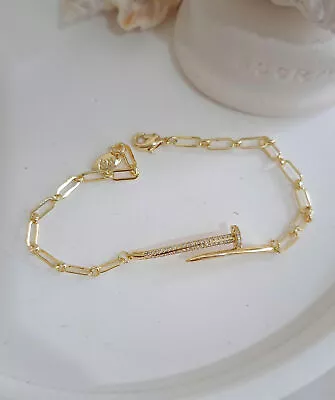 Cara Gold Crystal Nail Chain Bracelet | Gold Plated • $24