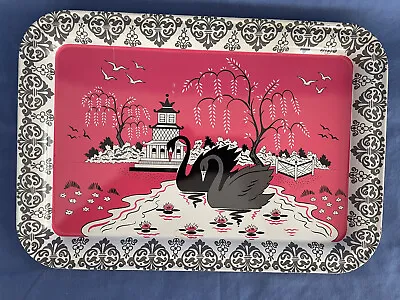 Beautiful Ohio Art Large Tin Litho Tea Set Tray ~ Pink Willow Swans ~ 1956 ~ NM • $19.99